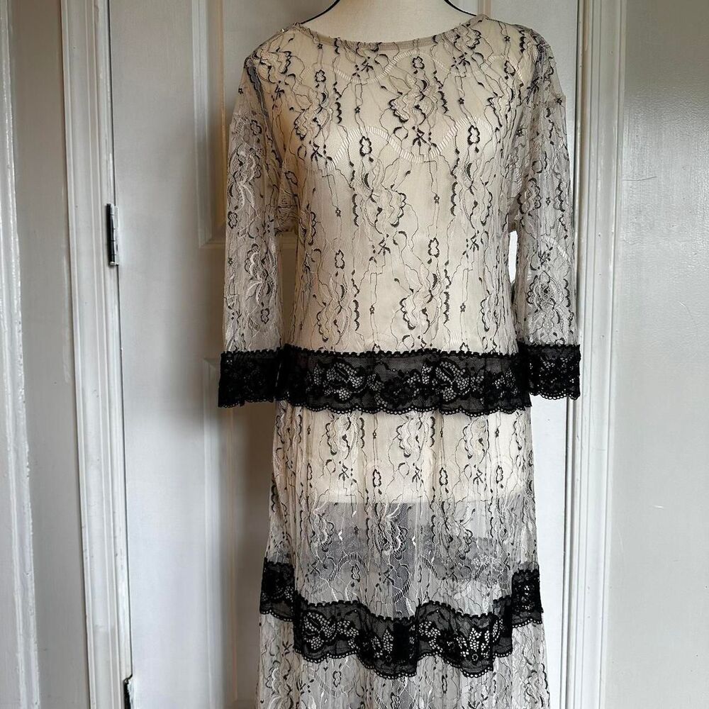Women's Sheer Black and Cream Lace Dress, M-L